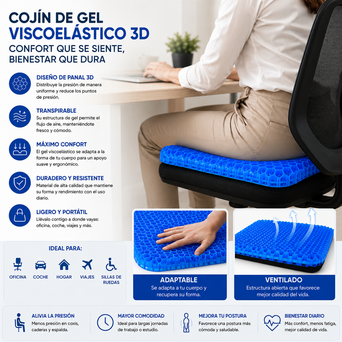 Cojín de gel viscoelástico con forma de panal